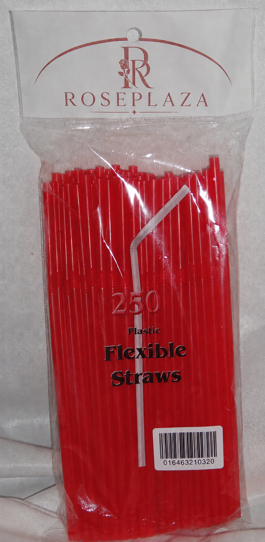 Front view of the ROSEPLAZA 250-count flexible straws package